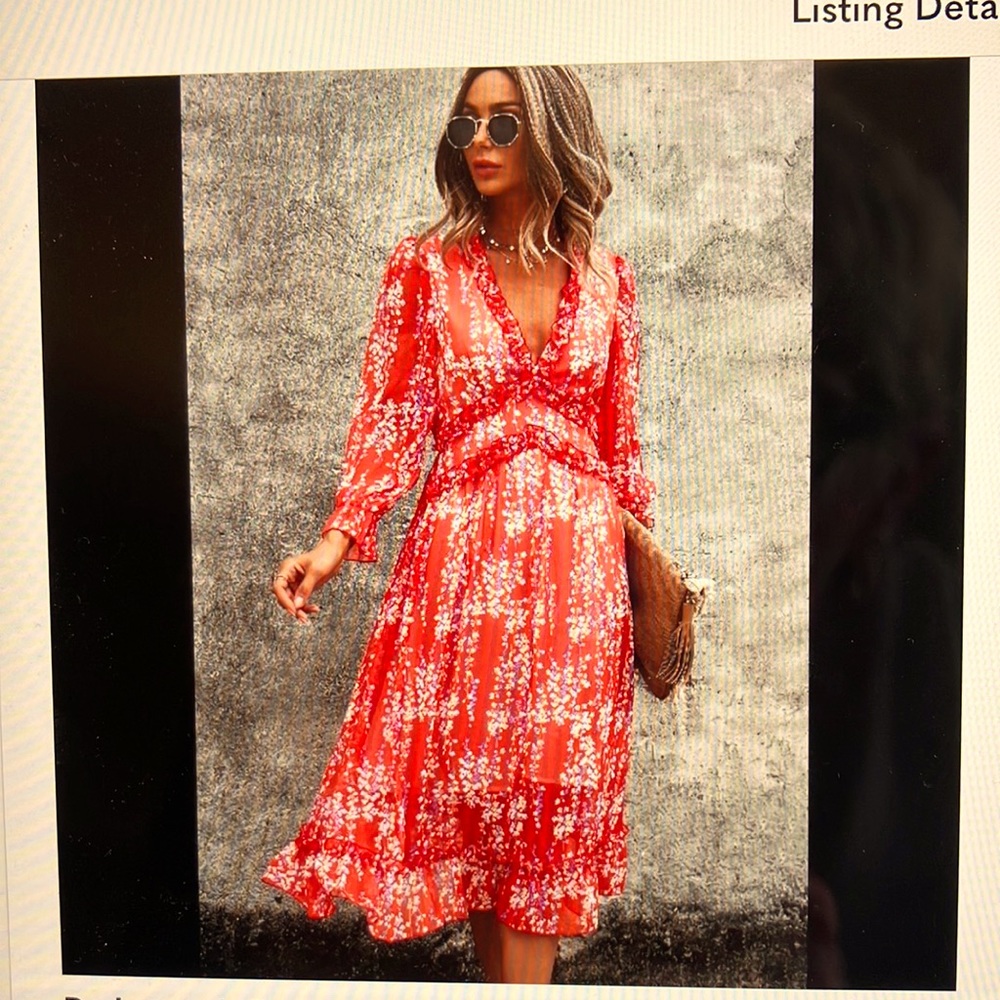 “ 1 XL NWT Red V Neck Floral Midi Dress “